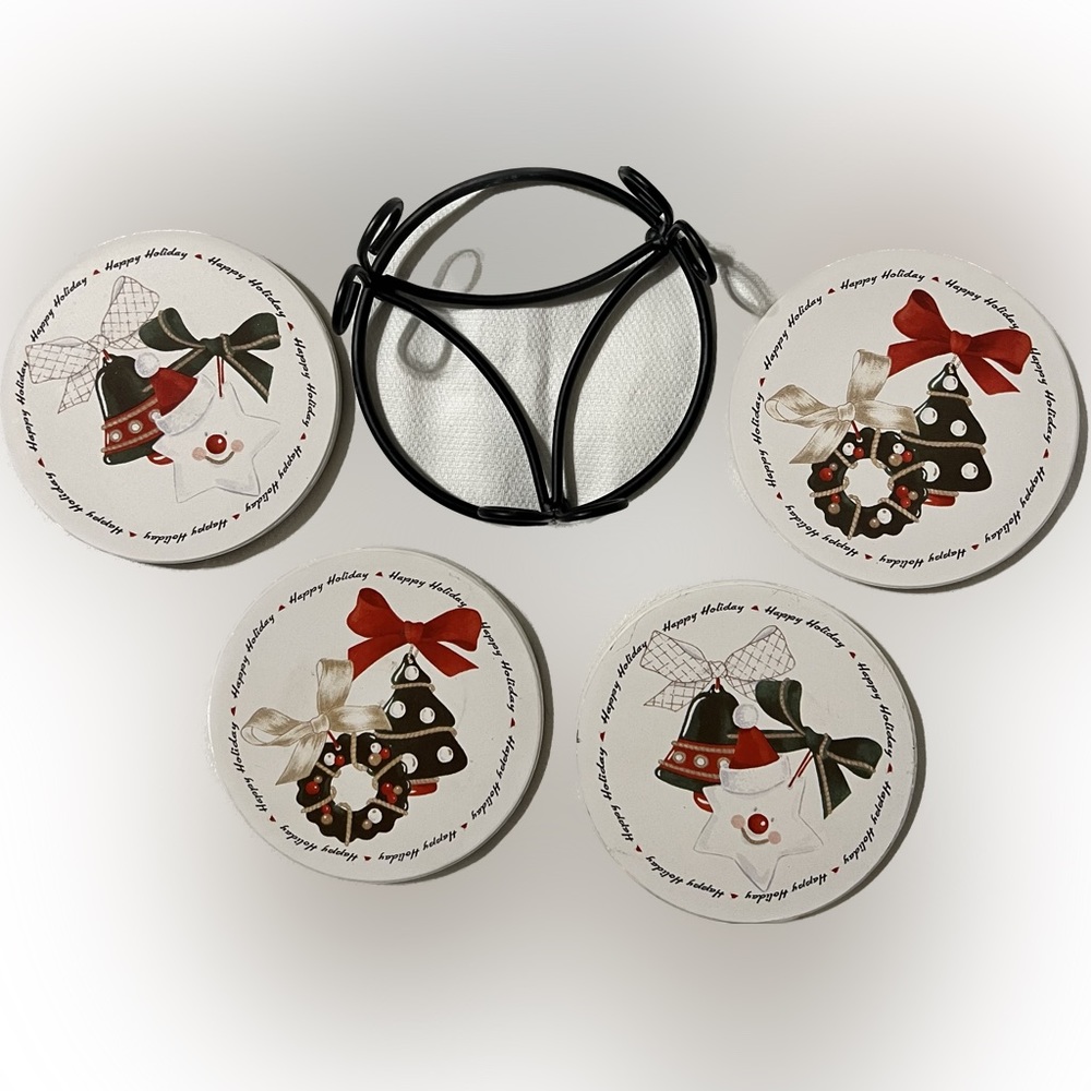 💥Stone Coaster Set With Metal Holder “Happy Holidays” Cork Back 4” Round Holiday